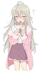  1girl ahoge blush braid coat collared_shirt commentary_request fur-trimmed_coat fur_trim grey_eyes grey_hair hair_between_eyes hoshi_syoko idolmaster idolmaster_cinderella_girls long_hair long_sleeves looking_at_viewer off_shoulder open_clothes open_mouth own_hands_together pink_coat polka_dot polka_dot_skirt remo_(momomo618) shirt side_braid simple_background skirt solo sweat translation_request white_background white_shirt 