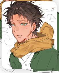  ...? 1boy black_hair closed_mouth commentary green_jacket jacket looking_at_viewer male_focus natsuki_subaru ooo4oso parted_lips re:zero_kara_hajimeru_isekai_seikatsu scarf short_hair simple_background solo sweat teeth untranslatable_commentary white_background yellow_eyes yellow_scarf 