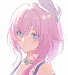  1girl commentary cyrene_(honkai:_star_rail) cyrene_(philia093)_(honkai:_star_rail) english_commentary hair_ornament highres honkai:_star_rail honkai_(series) jewelry looking_at_viewer multicolored_hair necklace pink_hair simple_background soleilinthesun solo two-tone_hair upper_body white_background white_hair 