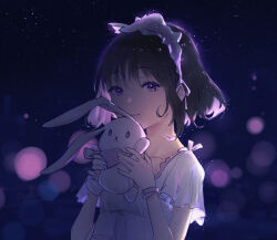  1girl absurdres blue_background blurry bokeh brown_hair closed_mouth commentary depth_of_field frilled_hairband frills hairband hands_up highres holding holding_stuffed_toy light_particles looking_at_viewer mole mole_under_mouth original raised_eyebrows shirt short_hair short_sleeves sidelocks smile solo stuffed_animal stuffed_rabbit stuffed_toy uminolova untranslatable_commentary upper_body violet_eyes white_hairband white_shirt wristband 