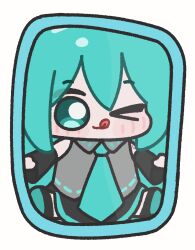  >_o 1girl aqua_eyes aqua_hair bag blush chibi chibi_only hatsune_miku highres in_bag in_container licking_lips lulalang mini_person minigirl necktie one_eye_closed photo-referenced shirt skirt sleeveless sleeveless_shirt solo tongue tongue_out vocaloid 