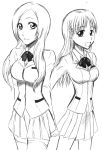  2girls bleach dual_persona harka inoue_orihime monochrome multiple_girls school_uniform sketch time_paradox 