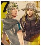  2boys belt blonde_hair blue_eyes gyro_zeppeli hat hoodie johnny_joestar jojo_no_kimyou_na_bouken kyokugei looking_back markings melchizedek multiple_boys open_mouth smile steel_ball_run 