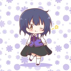  1girl :q ;q black_skirt blue_hair blush bow brown_eyes closed_mouth collared_shirt colored_shadow commentary_request employee_uniform floral_background gochuumon_wa_usagi_desu_ka? jouga_maya kneehighs mitarashi_neko one_eye_closed purple_bow purple_shoes purple_vest rabbit_house_uniform shadow shirt shoes skirt smile socks solo standing star_(symbol) tongue tongue_out vest waitress white_background white_shirt white_socks 