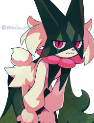  1other bent_over closed_mouth commentary_request furry hands_on_own_legs highres looking_at_viewer meowscarada nikoru pink_eyes pokemon pokemon_(creature) pokemon_focus solo twitter_username watermark wavy_mouth white_background 