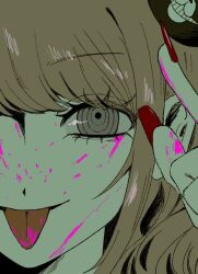  1girl bear_hair_ornament blood blood_on_face bow close-up colored_blood danganronpa:_trigger_happy_havoc danganronpa_(series) enoshima_junko grey_eyes hair_ornament highres long_hair looking_at_viewer nail_polish odei_55 pink_blood red_nails smile solo tongue tongue_out 