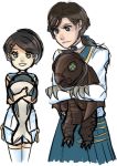  bioshock bioshock_infinite black_hair blue_eyes brown_hair crossover dishonored elizabeth_(bioshock_infinite) emily_kaldwin ponytail smile songbird stuffed_animal stuffed_toy 