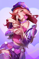  caitlyn_(league_of_legends) earrings finger_gun green_eyes hat heart heartthrob_caitlyn jewelry kamiaodeyemao league_of_legends lips midriff necklace pink_nails skirt thigh-highs 