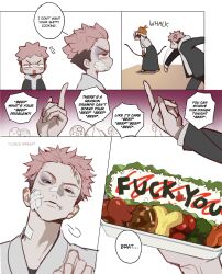  2boys alternate_costume alternate_universe bandaid bandaid_on_face bandaid_on_forehead bento black_hair bow_(weapon) bruise bruised_eye commentary english_commentary english_text fushiguro_megumi gakuran gauze gauze_on_cheek grey_hoodie highres holding holding_bento holding_bow_(weapon) holding_weapon hood hood_down hoodie injury itadori_yuji jacket_over_hoodie japanese_clothes jujutsu_kaisen male_focus middle_finger multicolored_hair multiple_boys pink_hair pinkuyuji red_eyes school_uniform speech_bubble throwing two-tone_hair undercut weapon white_background wrapped_bento 