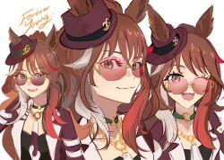  1girl animal_ears brown_hair chain_necktie choker commentary ears_through_headwear english_text fang fedora forever_young_(racing)_(umamusume) forever_young_(umamusume) green_choker green_eyes hat horse_ears horse_girl houya_hafu jacket jewelry long_hair long_single_sidelock looking_at_viewer multicolored_hair multiple_views necktie one_eye_closed open_mouth ponytail red-tinted_eyewear red_jacket red_streaks shirt simple_background sketch smile solo streaked_hair sunglasses teeth tinted_eyewear tongue umamusume upper_teeth_only white_background white_necktie white_streaks yellow-framed_eyewear 