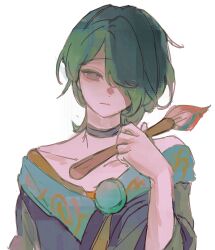 choker collarbone dot_nose green_hair hair_over_one_eye highres holding holding_paintbrush hwei_(league_of_legends) imo_(cherremo) league_of_legends looking_at_viewer off_shoulder paintbrush pink_eyes simple_background 