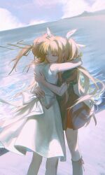  2girls absurdres back_bow bare_shoulders beach black_boots blonde_hair blue_sky boots bow brown_hair closed_eyes closed_mouth commentary_request day dress fate_testarossa gootai high_side_ponytail highres horizon hug knee_boots long_hair long_sidelocks lyrical_nanoha mahou_shoujo_lyrical_nanoha medium_hair multiple_girls ocean outdoors parted_bangs puffy_short_sleeves puffy_sleeves red_dress shore short_sleeves side_ponytail sidelocks sky sleeveless sleeveless_dress smile sundress takamachi_nanoha twintails upper_body white_dress wispy_bangs 
