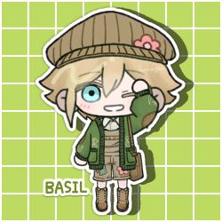  1boy arm_up artist_name basil_(birthday)_(omori) basil_(faraway)_(omori) basil_(omori) blonde_hair blue_eyes blush boots brown_boots brown_hat brown_overalls cardigan character_name chibi chibi_only collared_shirt commentary_request double-parted_bangs green_cardigan hair_between_eyes hakugen0720 hat highres lace-up_boots long_sleeves looking_at_viewer male_focus newsboy_cap official_alternate_costume omori one_eye_closed open_mouth outline overall_shorts overalls shirt short_hair sidelocks smile solo white_outline white_shirt 