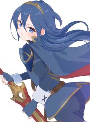  1girl armor ass blue_cape blue_eyes blue_gloves blue_hair brand_of_the_exalt cape closed_mouth commentary_request falchion_(fire_emblem) fingerless_gloves fire_emblem fire_emblem_awakening floating_hair from_side gloves hair_between_eyes highres holding holding_sheath ikonaska long_hair long_sleeves looking_at_viewer looking_back looking_to_the_side lucina_(fire_emblem) red_cape sheath sheathed shoulder_armor solo sword symbol_in_eye tiara two-tone_cape weapon white_background 