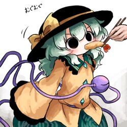  1girl 1other black_eyes black_hat bow buttons chopsticks collared_shirt commentary_request diamond_button disembodied_linked_eye empty_eyes eyeball feeding floral_print food frilled_shirt_collar frilled_sleeves frills green_hair green_skirt hat hat_bow heripantomorrow holding holding_chopsticks komeiji_koishi long_hair long_sleeves print_skirt rose_print shirt shrimp shrimp_tempura skirt sleeves_past_fingers sleeves_past_wrists solo_focus tempura touhou translation_request wide_sleeves yellow_bow yellow_shirt 