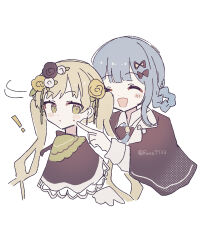  2girls absurdres artist_name bird_hat_ornament black_bow black_bowtie black_capelet black_flower black_hat black_rose blonde_hair blue_hair blue_necktie blush_stickers bow bowtie braid braided_hair_rings capelet cheek_poking closed_eyes closed_mouth collared_shirt deerstalker flower green_eyes hair_bow hair_flower hair_ornament hair_rings hat hat_bow highres long_hair long_sleeves looking_at_another mahou_shoujo_no_majo_saiban multiple_girls necktie open_mouth poking rose runa_(runa7733) shirt short_hair signature simple_background tachibana_sherry tono_hanna twintails twitter_username white_background white_flower white_rose white_shirt yellow_flower yellow_rose 