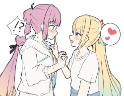  !? 2girls :d ahoge anyoji_hime black_ribbon blonde_hair blue_eyes blue_hair commentary dress eye_contact gradient_hair hair_ribbon hasu_no_sora_school_uniform heart highres hisho_(rythm_hisho) hood hood_down hooded_jacket jacket looking_at_another love_live! love_live!_hasu_no_sora_jogakuin_school_idol_club mira-cra_park! multi-tied_hair multicolored_hair multiple_girls neckerchief open_clothes open_jacket open_mouth osawa_rurino pink_hair ponytail profile ribbon sailor_collar school_uniform shirt short_sleeves sidelocks sideways_mouth simple_background smile spoken_heart spoken_interrobang summer_uniform three-quarter_sleeves upper_body virtual_youtuber white_background white_dress white_jacket white_sailor_collar white_shirt wide-eyed yellow_neckerchief yuri 