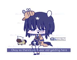  1girl akaruiakiki animal_ears black_hair blue_eyes character_name chibi chibi_only cup english_text holding holding_cup horse_ears horse_girl horse_tail monocle mystery_way_(racehorse) necktie original stuffed_animal stuffed_toy tail umamusume 