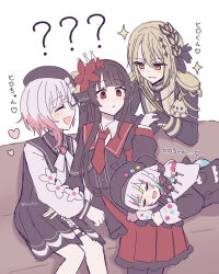  4girls absurdres arm_hug beret black_hair blonde_hair closed_eyes commentary_request couch flower hair_flower hair_ornament harem hasumi_leia hat highres hime_cut holding_hands jogasaki_noah lap_pillow magical_girl mahou_shoujo_no_majo_saiban multicolored_hair multiple_girls nikaido_hiro open_mouth partially_translated red_flower runa_(runa7733) sakuraba_ema short_hair sitting smile translation_request yellow_eyes yuri 