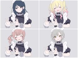  4girls :d ^_^ apron belt black_belt black_dress black_hair blonde_hair blush breasts brown_hair closed_eyes closed_mouth commentary_request dot_nose dress embarrassed enmaided facing_viewer flying four-finger_heart_hands frilled_apron frilled_wrist_cuffs frills gradient_hair green_eyes grey_background grey_eyes grey_hair heart heart_hands high-waist_belt highres hinomori_shiho hoshino_ichika_(project_sekai) large_breasts leo/need_(project_sekai) long_hair long_sidelocks looking_at_viewer maid maid_apron maid_headdress metal_wrist_cuffs mochizuki_honami moechakkafire multicolored_hair multiple_girls nabi_(mabinabi0625) open_mouth parted_lips pink_hair project_sekai puffy_short_sleeves puffy_sleeves short_hair short_sleeves sidelocks sideways_glance simple_background small_breasts smile tenma_saki twintails two-tone_hair upper_body waist_apron white_apron wrist_cuffs 