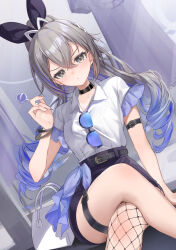  1girl alternate_costume arm_belt bag belt bison_cangshu black_belt black_choker black_skirt blue_hair blush breasts candy choker closed_mouth colored_tips commentary_request crossed_bangs crossed_legs drill_hair eyewear_hang fishnet_thighhighs fishnets food gradient_hair grey_eyes grey_hair handbag highres holding holding_candy holding_food holding_lollipop honkai:_star_rail honkai_(series) lollipop long_hair looking_at_viewer multicolored_hair pencil_skirt ponytail purple_hair purple_skirt shirt silver_wolf_(honkai:_star_rail) silver_wolf_(lv.999)_(honkai:_star_rail) single_thighhigh sitting skirt small_breasts solo thigh-highs thigh_strap twin_drills two-tone_hair unworn_eyewear very_long_hair white_shirt 