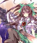  arm_cannon ascot bow cape hair_bow heath41 long_hair open_mouth red_eyes reiuji_utsuho thigh-highs thighhighs touhou weapon wings 