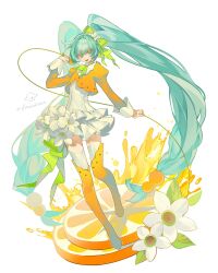  1girl absurdres aqua_eyes aqua_hair artist_name boots commentary copyright_request dress dress_flower flower food fruit full_body hair_flower hair_ornament hatsune_miku highres jacket juice long_hair looking_at_viewer open_mouth orange_(fruit) orange_boots orange_jacket orange_slice puffy_sleeves simple_background solo ssbaby thigh-highs thigh_boots twintails untranslatable_commentary very_long_hair vocaloid white_background white_dress white_flower white_thighhighs 