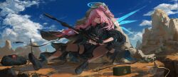  1girl absurdres ambriel_(arknights) arknights black_boots black_gloves black_jacket black_shirt black_shorts blue_sky blue_wings body_armor boots brown_pantyhose bulletproof_vest clouds commentary commission cropped_shirt detached_wings energy_wings english_commentary food food_in_mouth gloves gun halo highres holding holding_gun holding_weapon jacket knee_guards long_hair long_sleeves malai_lo midriff mountain pantyhose pink_eyes pink_hair pixiv_commission pocky pocky_in_mouth rifle shirt shorts side_ponytail sky sniper_rifle solo weapon wings 