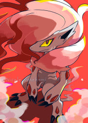  claws closed_mouth commentary_request highres hisuian_zoroark looking_at_viewer looking_up nikoru pokemon pokemon_(creature) pokemon_focus red_pupils smoke solo standing twitter_username watermark 