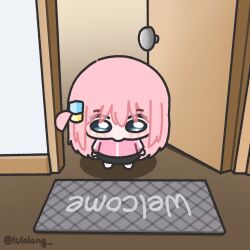  1girl black_skirt blue_eyes blush bocchi_the_rock! chibi cube_hair_ornament door english_text gotoh_hitori hair_ornament highres indoors jacket long_hair lulalang one_side_up pink_hair pink_jacket skirt solo standing track_jacket twitter_username 