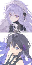 2girls absurdres black_flower black_hair black_rose blue_eyes bow closed_mouth dress earrings flower hair_flower hair_ornament hairband highres jewelry lolita_hairband long_hair looking_at_viewer multiple_girls original peng_mie purple_hair rose violet_eyes white_background white_bow 