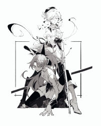  2girls bare_shoulders bow bowtie corset dress drill_hair fingerless_gloves full_body gloves greyscale hair_bow highres kneeling long_hair looking_at_viewer mahou_shoujo_madoka_magica mahou_shoujo_madoka_magica_(anime) monochrome multiple_girls photo-referenced planted_gun pleated_skirt ponytail puffy_short_sleeves puffy_sleeves sakura_kyoko sakura_kyoko_(magical_girl) short_sleeves skirt sleeveless sleeveless_dress smile standing striped_clothes striped_thighhighs thigh-highs tomoe_mami tomoe_mami_(magical_girl) twin_drills v-shaped_eyebrows winehusk 