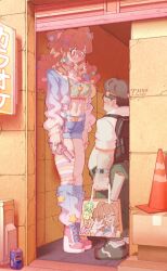  1boy 1girl breasts brown_hair commentary_request going_to_colombia_for_the_food_and_culture_(meme) height_difference idolmaster idolmaster_cinderella_girls kurihachi large_breasts loose_socks meme midriff moroboshi_kirari navel otaku short_shorts shorts single_fishnet_legwear single_thighhigh size_difference socks tall_female taller_female_shorter_male thigh-highs 