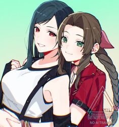  2girls aerith_gainsborough black_gloves black_hair braid braided_ponytail brown_hair choker cropped_jacket elbow_gloves final_fantasy final_fantasy_vii final_fantasy_vii_remake fingerless_gloves flower_choker gloves green_background green_eyes hair_ribbon highres hug hug_from_behind jacket long_hair looking_at_viewer multiple_girls parted_bangs pink_ribbon red_eyes red_jacket ribbon tank_top tifa_lockhart upper_body watermark white_tank_top yunyunonigiri 
