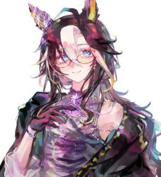  1girl animal_ears black_gloves black_jacket blue_eyes brooch closed_mouth dream_journey_(a_dreamy_invitation)_(umamusume) dream_journey_(umamusume) dress ear_covers eyewear_strap glasses gloves grey_dress hair_between_eyes highres horse_ears horse_girl jacket jewelry long_hair looking_at_viewer luhuayoushiyiy1 multicolored_hair simple_background single_bare_shoulder single_ear_cover smile solo umamusume upper_body white_background white_hair 