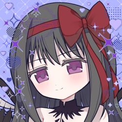  1girl akemi_homura akuma_homura bare_shoulders black_hair blue_background blush bow_hairband closed_mouth commentary_request hairband heart long_hair mahou_shoujo_madoka_magica mahou_shoujo_madoka_magica_(anime) portrait red_hairband setani_neco smile solo violet_eyes watermark 
