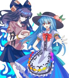  2girls apron black_hat black_skirt blue_hair blue_skirt bow bowl bowtie collarbone commentary frilled_apron frills grey_hoodie hair_bow hand_on_own_hip hat highres hinanawi_tenshi holding holding_bowl hood hoodie long_hair looking_at_viewer multiple_girls open_mouth peach_hat_ornament puffy_sleeves purple_hair reaching red_bow red_bowtie simple_background skirt touhou tsukumosuki99 white_apron white_background yorigami_shion 
