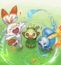  black_eyes blue_eyes bright_pupils closed_eyes closed_mouth commentary_request fire grass grookey happy mullmull02 no_humans open_mouth outstretched_arms pokemon pokemon_(creature) scorbunny sobble spread_arms standing standing_on_one_leg starter_pokemon_trio water white_pupils 