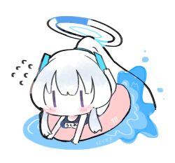  1girl blue_archive chibi chibi_only commentary_request flying_sweatdrops grey_hair halo headgear highres innertube long_hair mechanical_halo millennium_science_school_logo natsu_ya_mugi noa_(blue_archive) swim_ring violet_eyes water white_background white_hair white_halo 