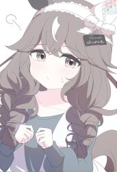  1girl animal_ears arnolddayo blue_dress blush braid braided_sidelocks breasts brown_hair collarbone commentary_request curren_bouquetd'or_(casual)_(umamusume) curren_bouquetd'or_(umamusume) dress ear_covers grey_eyes hair_between_eyes hairband highres horse_ears horse_girl horse_tail long_hair long_sleeves looking_at_viewer low_twin_braids mismatched_ear_covers multicolored_hair sidelocks simple_background solo streaked_hair sweatdrop tail twin_braids umamusume very_long_braid white_background white_hairband white_streaks 