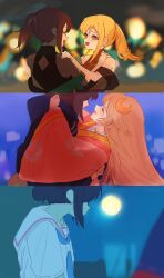  3girls absurdres blonde_hair blue_streaks brown_hair cho_kaguya-hime! closed_eyes commentary_request dancing dress hair_bun highres hixii1238 hug japanese_clothes kaguya_(cho_kaguya-hime!) kaguya_(ex-otogibanashi)_(cho_kaguya-hime!) kaguya_(reply)_(cho_kaguya-hime!) kaguya_(tsukuyomi)_(cho_kaguya-hime!) kimono long_hair long_sleeves multicolored_hair multiple_girls open_mouth pink_kimono red_streaks runami_yachiyo runami_yachiyo_(tsukuyomi) sailor_collar sakayori_iroha sakayori_iroha_(ex-otogibanashi) sakayori_iroha_(tsukuyomi) school_uniform serafuku shirt side_ponytail sidelocks single_hair_bun streaked_hair white_sailor_collar white_shirt yuri 
