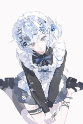  1girl absurdres apron bandaid black_shirt black_socks blue_bow blue_hair bow bowtie closed_mouth commission flower frills grey_eyes hair_ornament hairclip highres holding long_sleeves looking_at_viewer maid maid_headdress original peng_mie shirt short_hair simple_background sitting skirt socks solo thigh_strap wariza white_background x_hair_ornament 