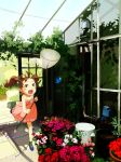  brown_eyes brown_hair butterfly butterfly_net child dress flower greenhouse hand_net original pipes plant potted_plant running solo tko_(hhan) twintails 