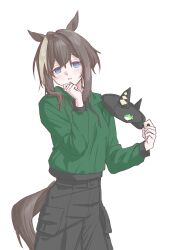  1girl a9697804958771 animal_ears animal_print black_hat black_pants blue_eyes bright_pupils brown_hair cheval_grand_(casual)_(umamusume) cheval_grand_(umamusume) commentary_request dot_nose fish_ornament fish_print green_hoodie hair_between_eyes hand_on_own_chin hat hat_with_ears highres holding holding_unworn_clothes holding_unworn_hat hood hoodie horse_ears horse_girl horse_tail korean_commentary light_blush light_smile long_sleeves looking_at_viewer multicolored_hair open_mouth pants peaked_cap short_hair sidelocks simple_background solo streaked_hair tail tareme two-tone_hair umamusume unworn_hat unworn_headwear white_background white_pupils white_streaks 