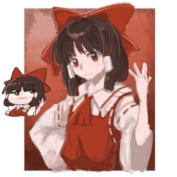  1girl ascot bow brown_hair chibi chibi_inset closed_mouth clover_(clover11_40) commentary detached_sleeves embodiment_of_scarlet_devil hair_bow hair_tubes hakurei_reimu long_hair looking_at_viewer official_alternate_costume red_ascot red_bow red_eyes ribbon-trimmed_sleeves ribbon_trim solo touhou upper_body zun_pose 