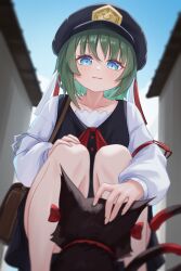  1girl :3 alternate_costume animalization bag black_cat black_dress black_hat blue_eyes blue_sky blurry blush brown_bag cat chinese_commentary chunjiu closed_mouth commentary_request day depth_of_field dress green_hair hat heart heart_in_eye highres kaenbyou_rin kaenbyou_rin_(cat) long_sleeves medium_hair multiple_tails outdoors petting shiki_eiki shoulder_bag sky smile squatting symbol_in_eye tail touhou two_tails 