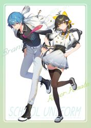  1boy 1girl antenna_hair black_hair black_thighhighs blue_hair bow brant_(wuthering_waves) commentary_request dl_(dl_6ix) female_rover_(wuthering_waves) grey_skirt hair_between_eyes hair_bow hair_ribbon hand_on_own_hip highres necktie ribbon rover_(wuthering_waves) school_uniform short_hair skirt smile thigh-highs wuthering_waves yellow_eyes 