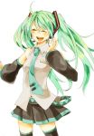  :d ahoge belt closed_eyes detached_sleeves eyes_closed green_hair hatsune_miku headset highres kotoma long_hair necktie open_mouth simple_background skirt smile solo thigh-highs thighhighs twintails very_long_hair vocaloid 