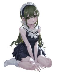  1girl absurdres bare_arms bare_legs bare_shoulders between_legs chinese_commentary collarbone commentary dress full_body green_eyes green_nails hair_between_eyes hand_between_own_legs highres long_hair looking_at_viewer maid_headdress mole mole_on_neck mole_under_eye nail_polish neckerchief original school_uniform sentter serafuku short_dress simple_background sitting sleeveless sleeveless_dress smile socks solo wariza white_background white_neckerchief white_socks 