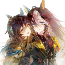  1girl 2girls :d belt black_belt black_gloves black_hair blue_eyes coat collared_shirt colored_inner_animal_ears commentary dot_nose dream_journey_(reminder_of_dreamland)_(umamusume) dream_journey_(umamusume) ear_covers eyewear_strap feather_hair_ornament feathers floating_hair glasses gloves hair_between_eyes hair_ornament hand_on_another's_arm highres jacket long_hair looking_at_another looking_at_viewer low_ponytail luhuayoushiyiy1 medium_hair multicolored_hair multiple_girls open_mouth ponytail puff_and_slash_sleeves puffy_sleeves red_shirt shirt simple_background smile solo stay_gold_(sunlit_outsider)_(umamusume) stay_gold_(umamusume) streaked_hair umamusume untranslatable_commentary white_background white_streaks yellow_coat yellow_eyes 